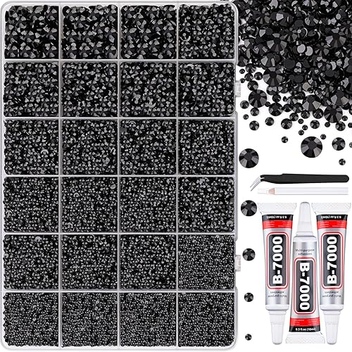 32000Pcs Black Rhinestones for Bedazzling, Flatback Resin Gems Crystal, Bedazzler Kit with 3Pcs 10ml B7000 Jewelry Glue and Tweezers for Makeup Crafting Nail Art - Black - Large Pack + 3Pcs Glue