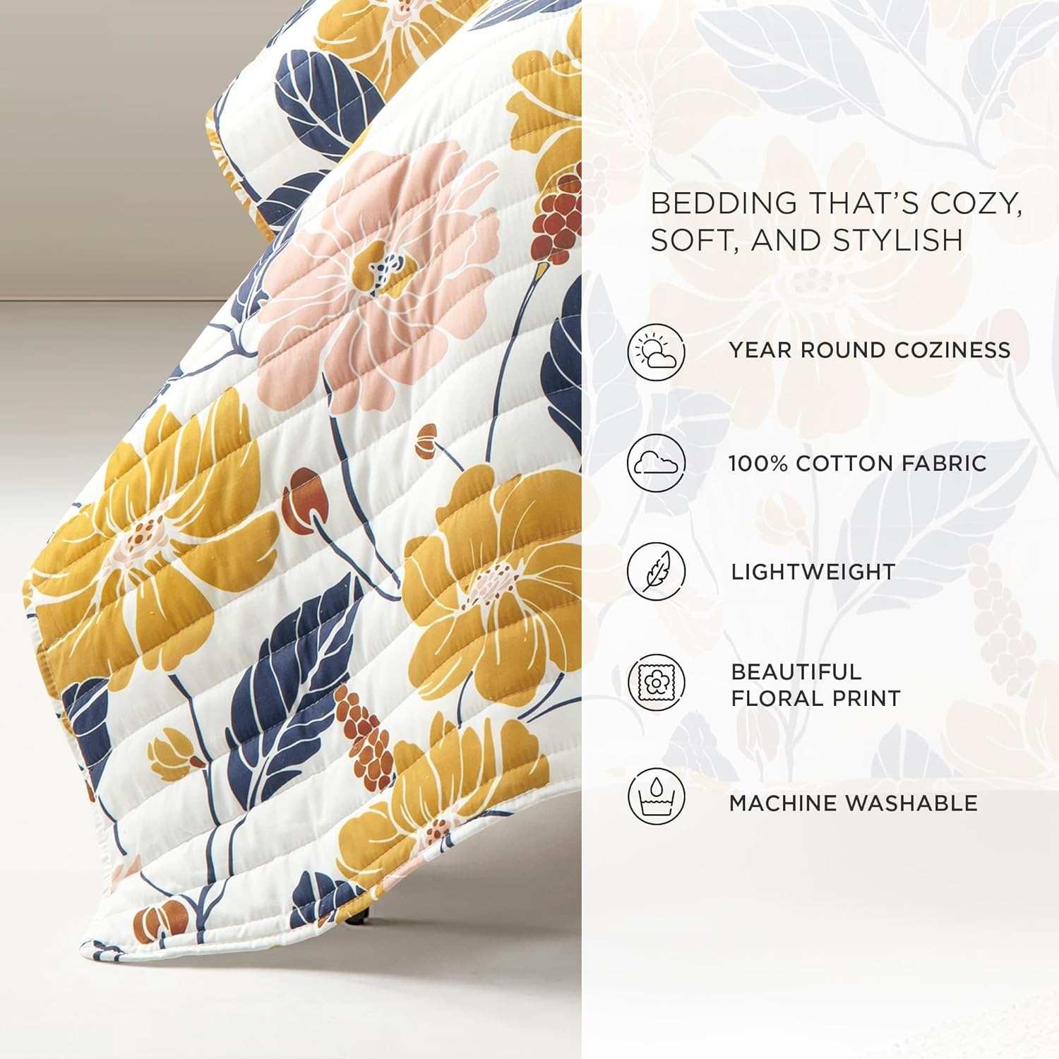 Lush Decor Lucia Abstract Floral Cotton Quilt 3 Piece Set Full/Queen Yellow & Navy - Floral Bedding Set Queen Quilt - Floral Quilts - Spring Decor