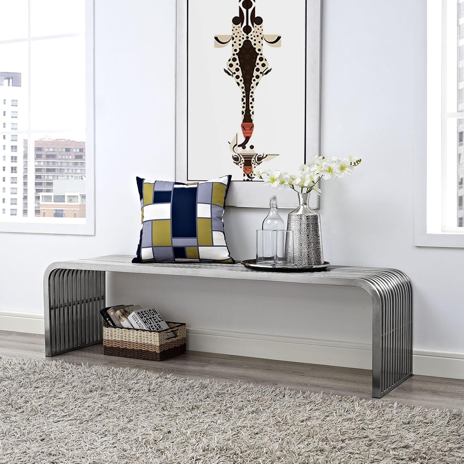 Pemberly Row 60" Modern Stainless Steel Bench, Silver Finish, Polished Tubes, Non-Marking Foot Glides, Contemporary Design for Living Room, Bedroom, Lounge, or Hallway
