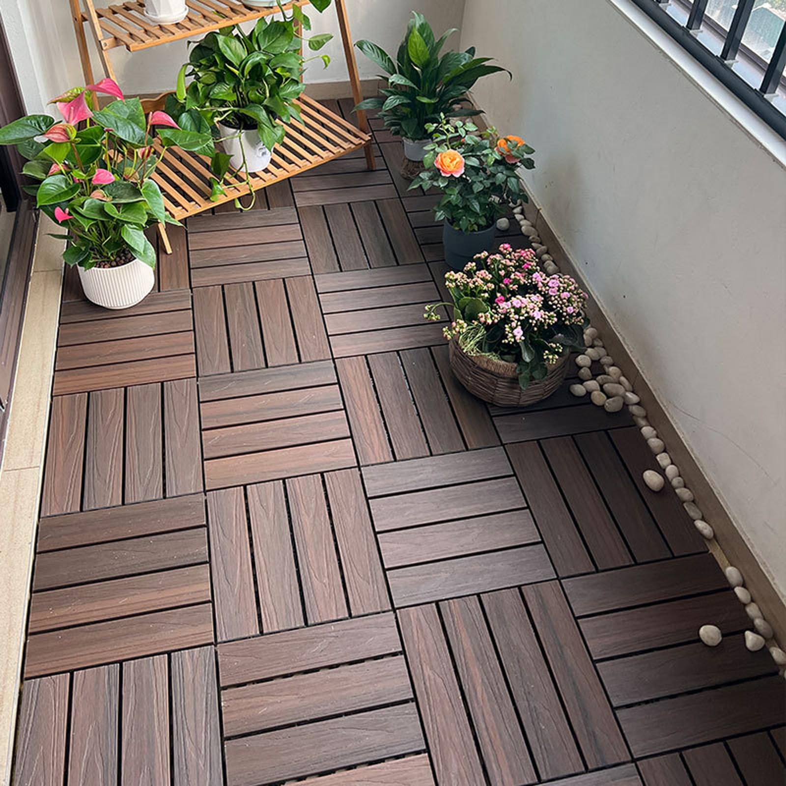 Dalles de Terrasse Emboîtables, Revêtement de Sol Extérieur en Composite WPC, Lames de Terrasse Résistantes aux Intempéries pour Jardin, Patio et Balcon(Size:5pcs,Color:Café)