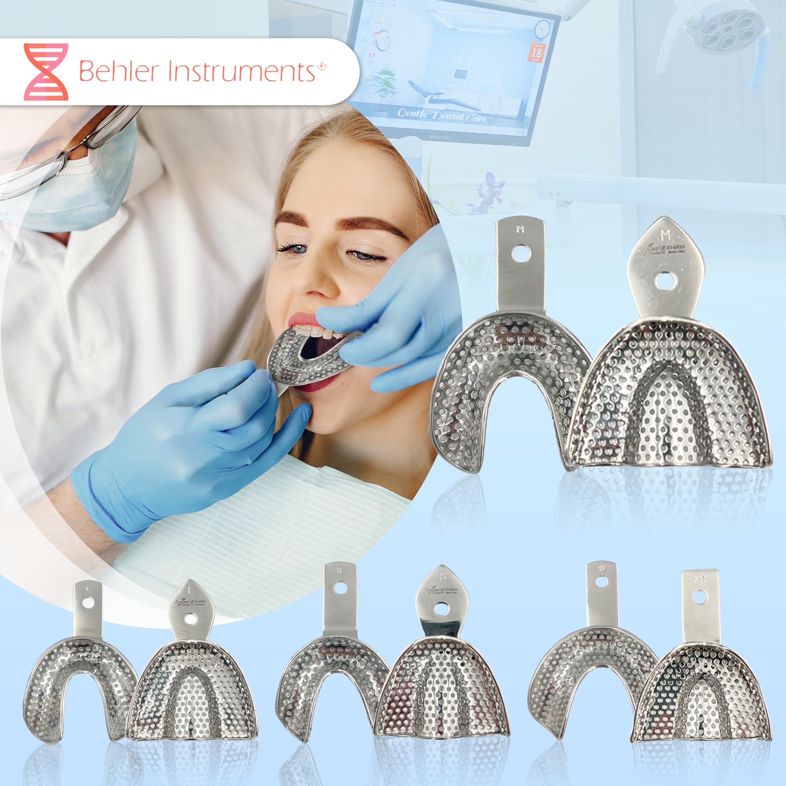 PACK 8 Pezzi Vassoi per Impronte Dentali Individuali, Dentate con Perforazione - 4 Inferiori e 4 Superiori - Acciaio Inossidabile ad alta resistenza - Strumento Essenziale per Professionisti Dentali