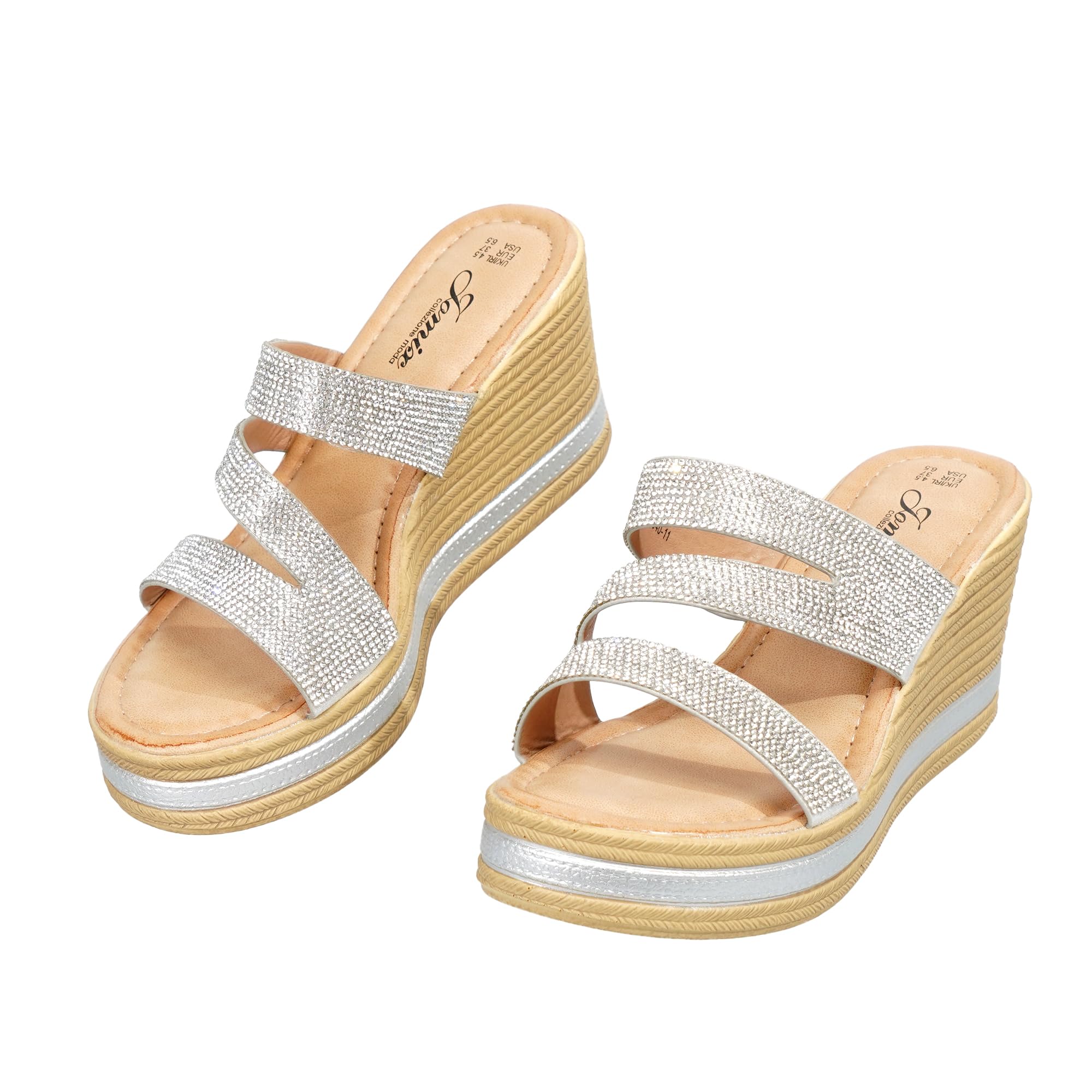 JOMIX Sandalen Damen mit Strass Pantoletten mit Keilabsatz Plateauschuhe Elegante Party Schuhe Bequeme Wedge für Damen