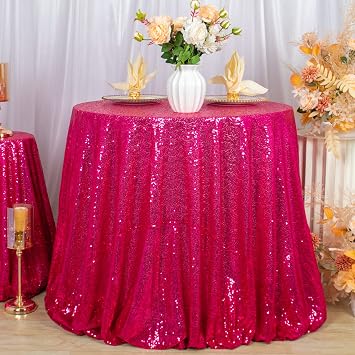 ShiDianYi 90 Inches Round Tablecloth Fuchsia Sequin Tablecloths Cake Dessert Sparkle Birthday Party Table Cover Elegant Drapes Table Cloth Hot Pink Glitter Linen for Weeding Bnaquet Prom Event