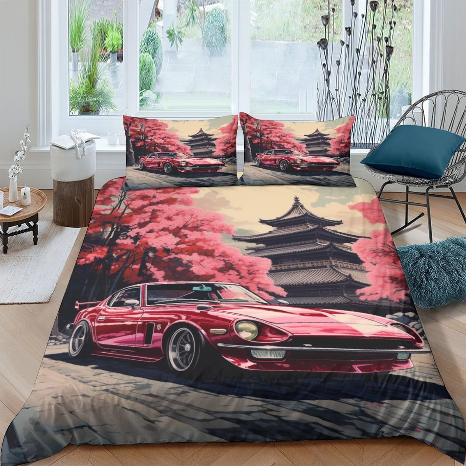 Housse de couette sakura rose King 220x240cm avec taies d'oreiller microfibre