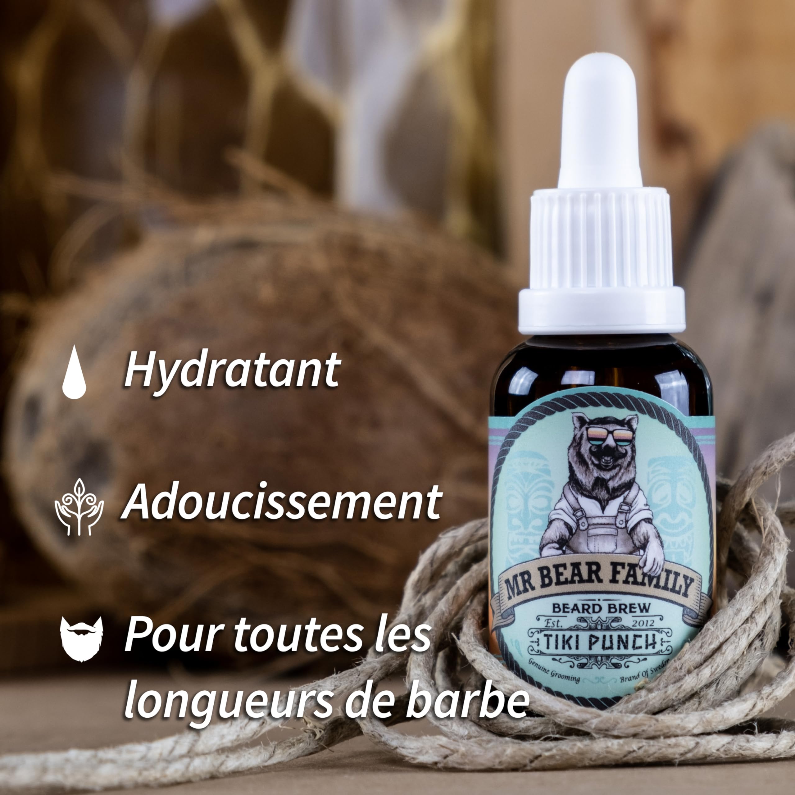 Mr Bear Family Huile Barbe Hommes - Tiki Punch - Entretient et Hydrate la Barbe - Huile Nourrissante à l’Huile de Jojoba & d’Argan - Soin Barbe Hydratant Hommes 30 ml