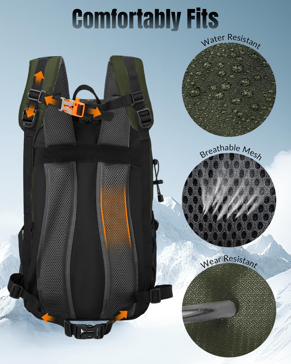 Zaino da trekking impermeabile da 25 l, con cinghia toracica, per uomo e donna, leggero, traspirante, imbottito, da viaggio, escursionismo, Verde scuro, L