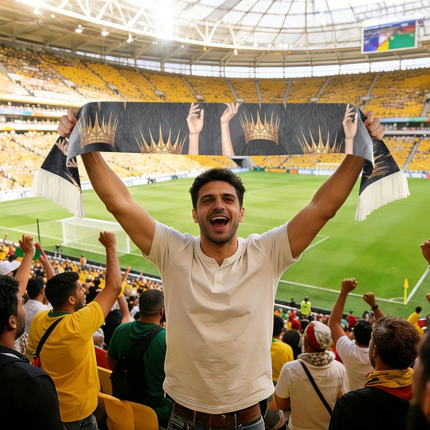 CHIFIGNO Crown Hair Black Sports Fan Scarf Towel, Soft Polyester Sweat Wipe Cheering Scarf for Soccer Games, Quick Dry with Fringe Ends