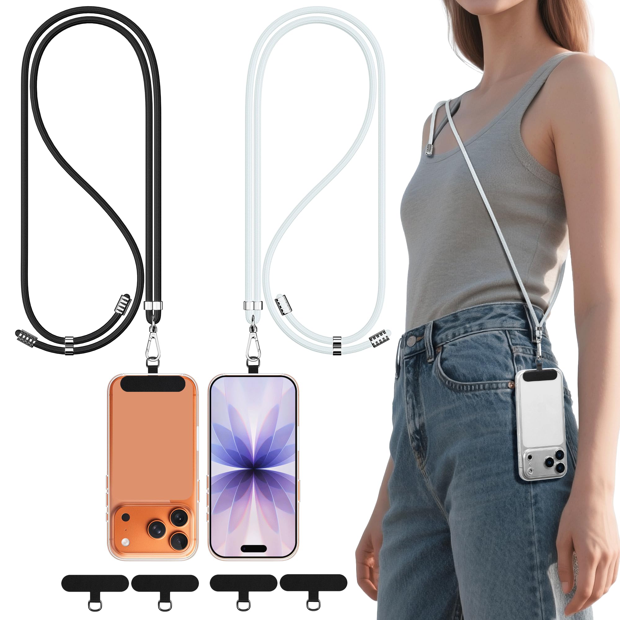 DESELL 2 Stück Handyband Zum Umhängen,Nylon handykette universal zum Umhängen kompatibel mit Alle Smartphones,Verstellbar Handy Umhängeband, und 2 Stück Handy Bänd Patch