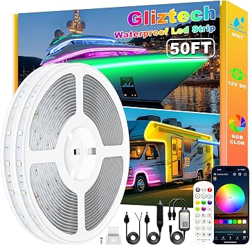 Gliztech Boat Lights Led Waterproof 50FT, 12V RGB Marine LED Strip Exterior, IP67 Pontoon Boat Lights Interior with App for Pontoon, Bass, Deck, RV, Fishing Kayak