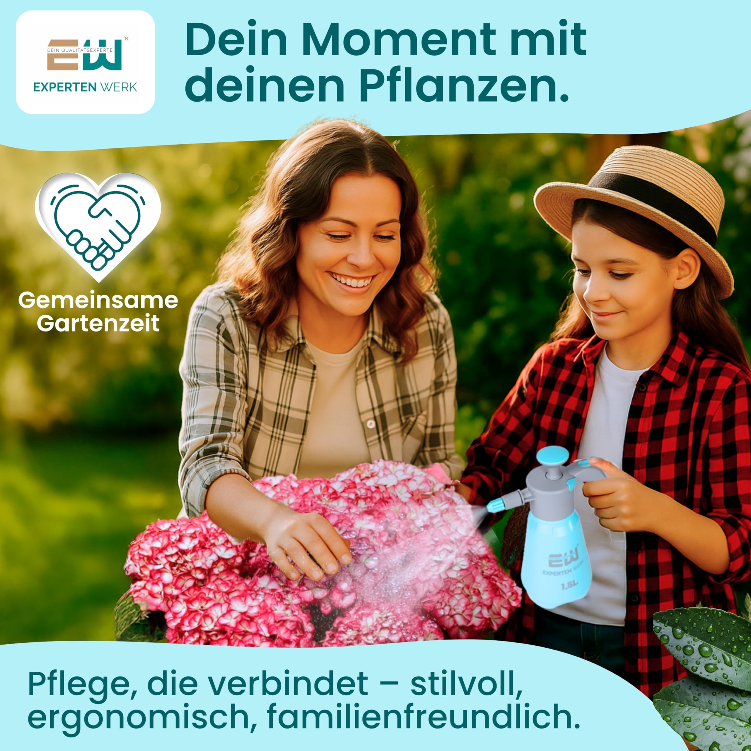 ExpertenWerk Drucksprüher 1,5L für Blumen Pflanzen Balkon & Zimmerpflanzen – Auslaufsichere Pumpsprühflasche Gartenspritze Pflanzensprüher mit Verstellbarer Düse, feinem Sprühnebel & Überdruckventil