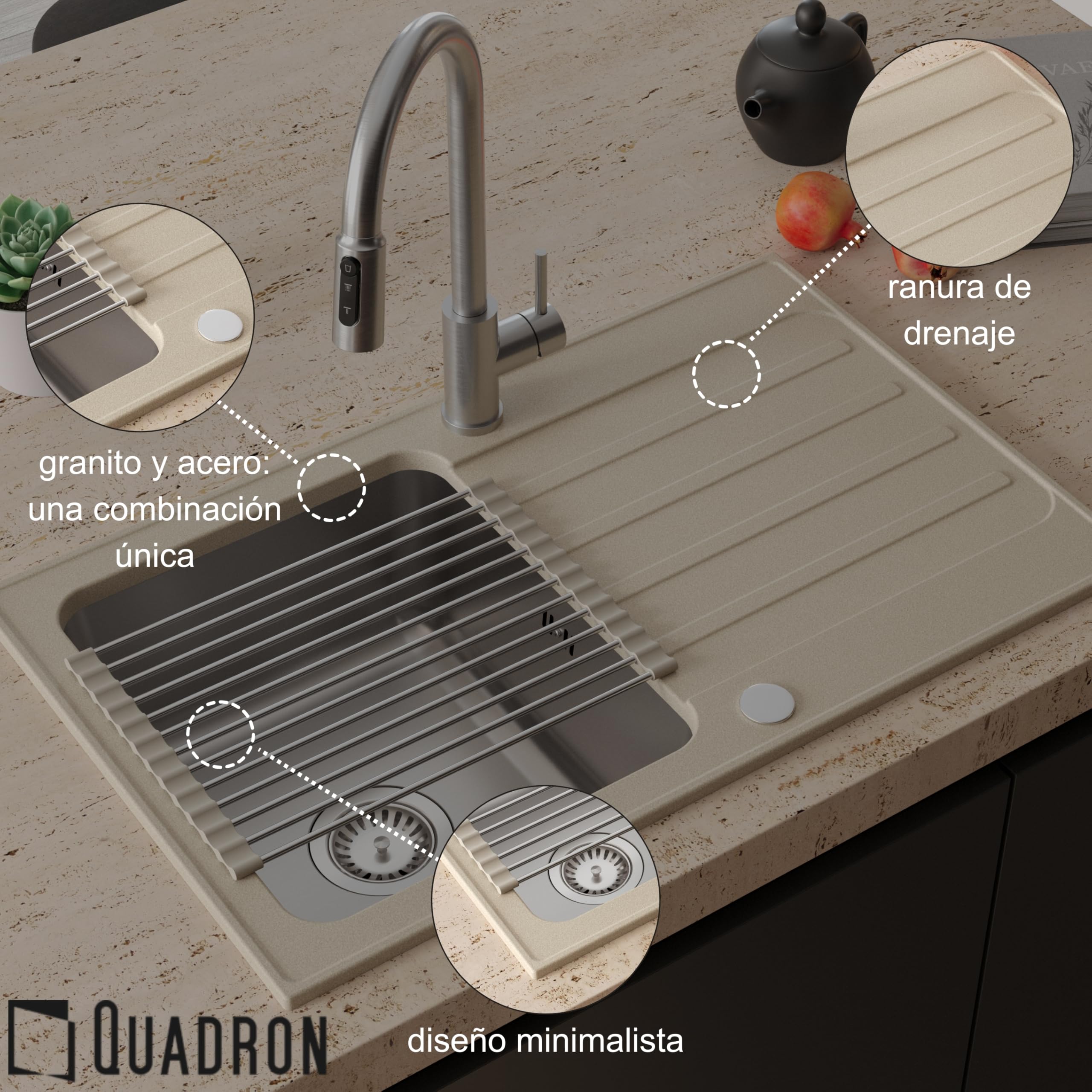 QUADRON Fregadero Beige | tamaño 78 x 48 cm | fregadero de acero inoxidable KENNETH 111 Fregadero de cocina de un seno | granito y acero inoxidable | con sifón y tapón de rosca | con escurridor