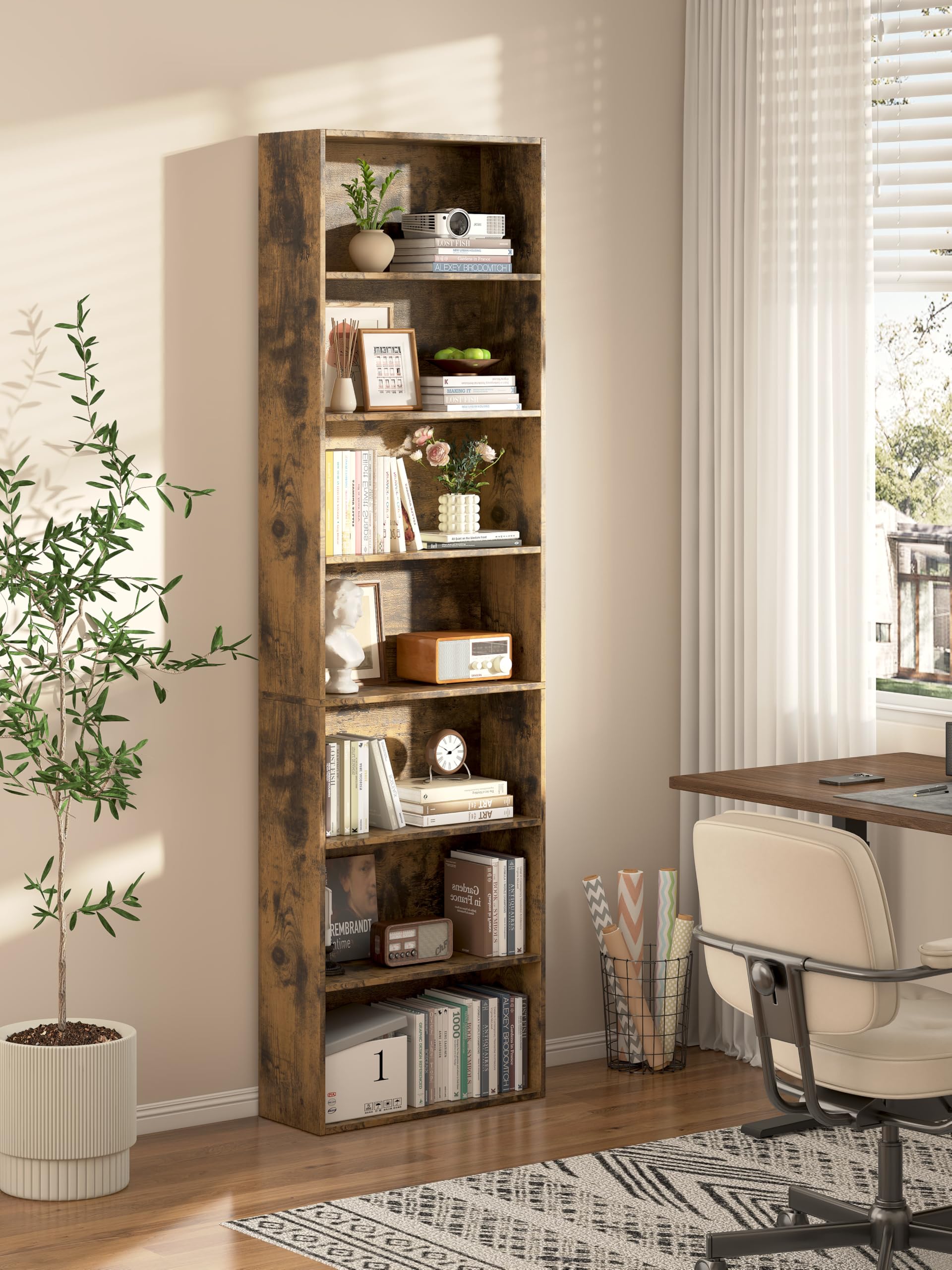 Garvis Standregal 7 Ebenen | 60 cm breit, 210 cm hoch | Offenes Bücherregal Weiß Schwarz Eiche | Büroregal Wohnzimmer (Rustikal)