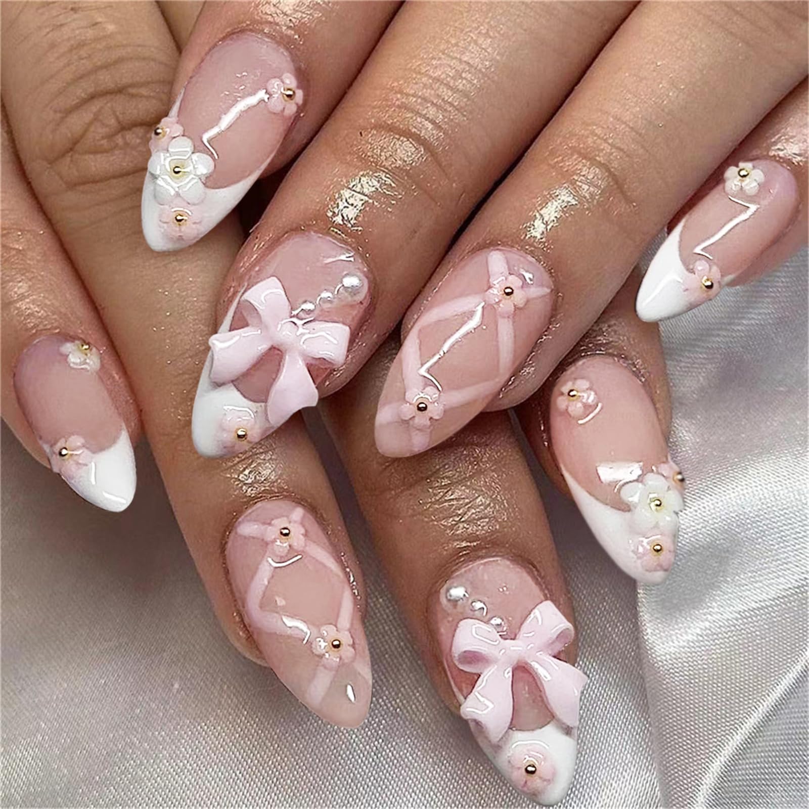 Yamobi Y2K False Nails Glitter Press On Nails Short French Manicure for Sticking, 24 Pieces, Almond Shape, French Nail for Sticking, French Manicure