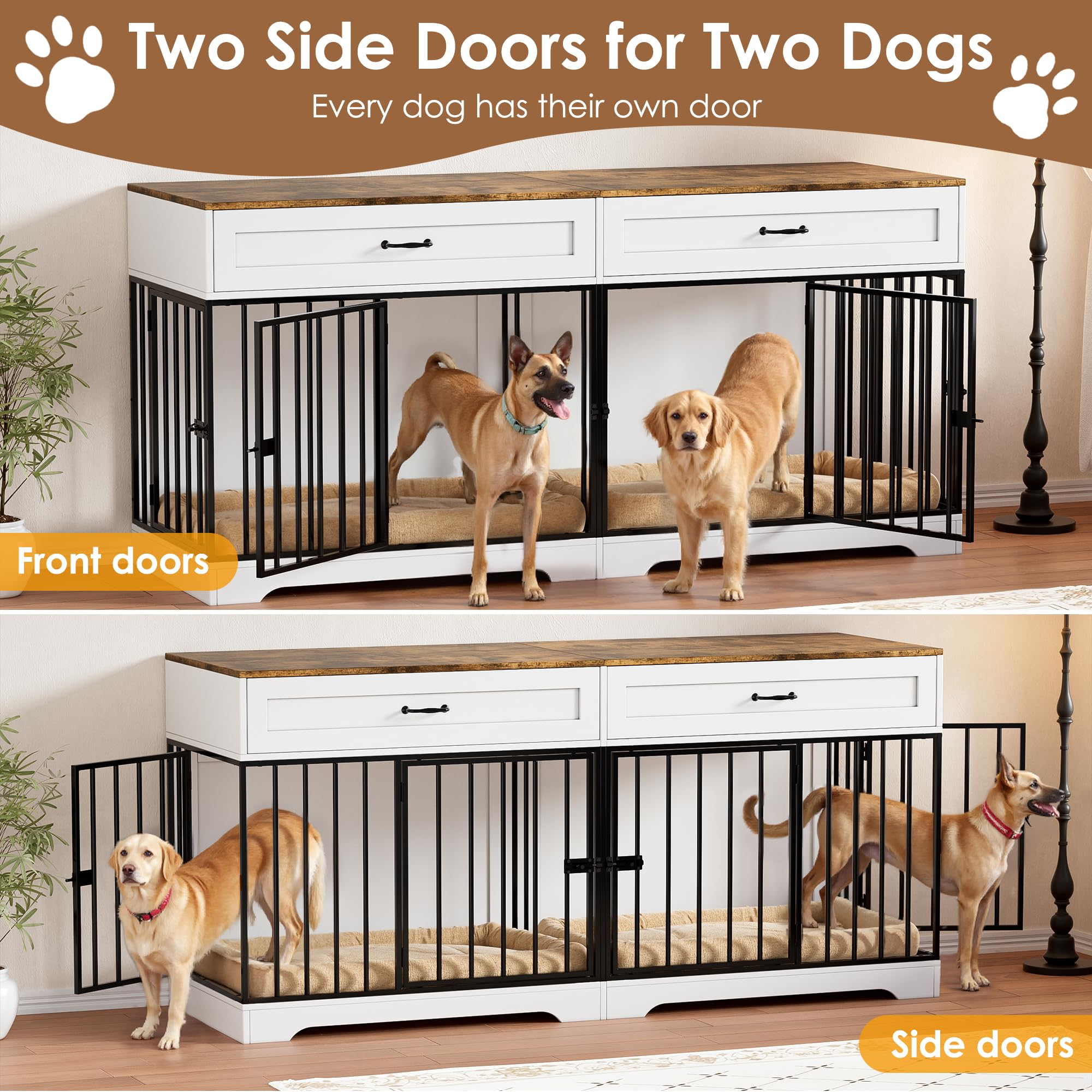 Jaula para Perros Grandes Interior Estilo Mueble Casa para Perros con 2 Cajones Caja para Perros Grande para Casa de Madera Jaula Mueble de Madera para Perro XXL, hasta 100KG, 178x58x85CM