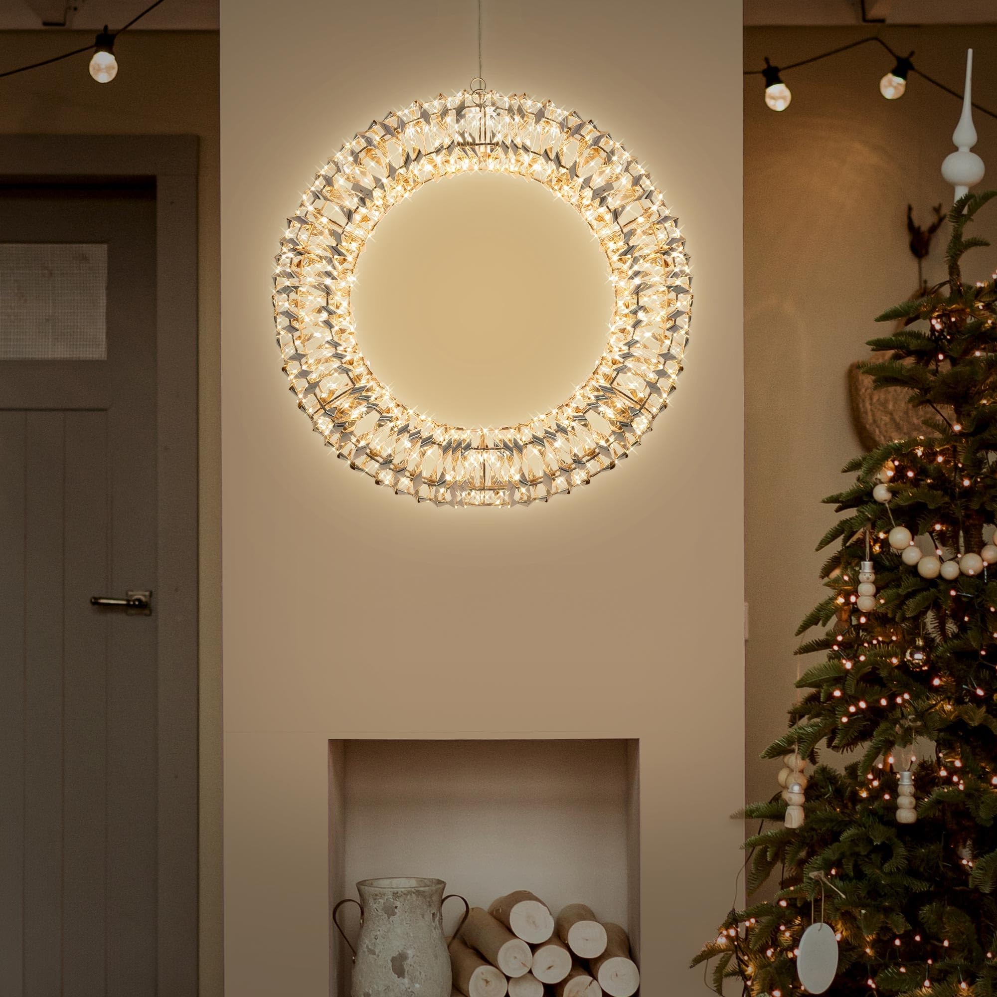 ECD Germany Couronne de Noël LED Ø50cm avec 720 Micro LED Blanc Chaud & Minuterie, IP44 Étanche Intérieur/Extérieur, Couronne Métallique Suspendue 3D Éclairage LED, Décoration de Porte Fenêtre