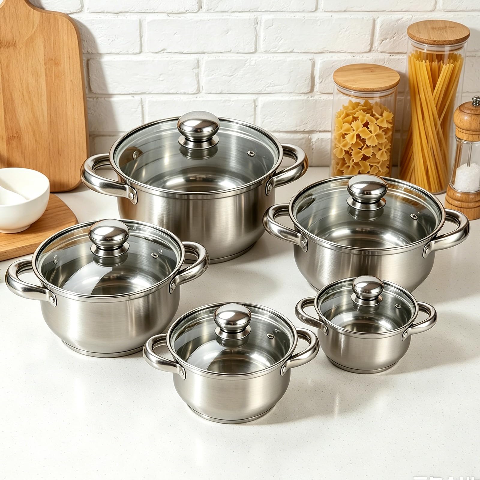 Set 5 Pentole Induzione Acciaio Inox Coperchi Vetro Forno Lavastov | Compatibile Tutti Piani Cottura, Coperchi Vetro Trasparenti, Manici Ergonomici Antiscottatura, Distribuzione Calore Uniforme
