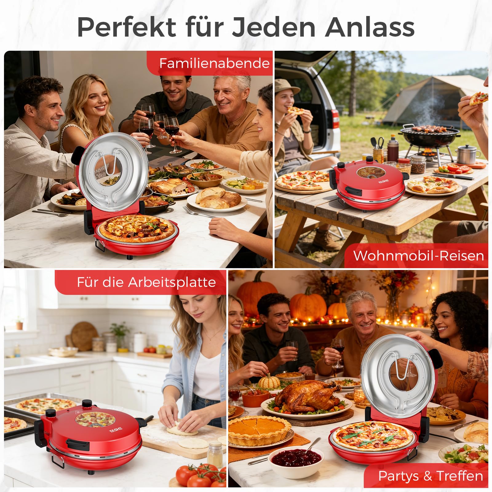 YASHE Elektrischer Pizzaofen 400°C 30 cm Keramik-Pizzastein 1200W Ober- und Unterhitze Timer