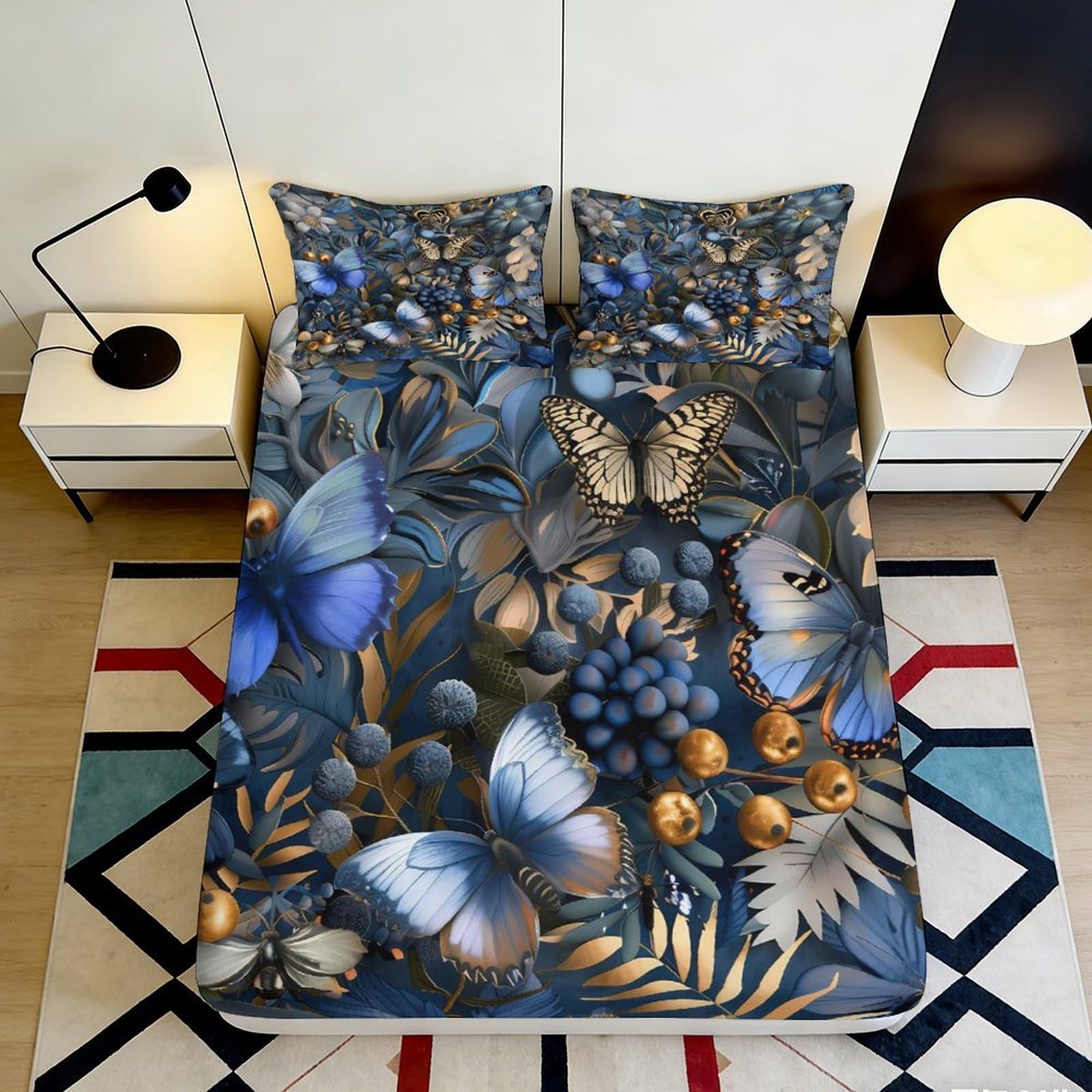 3D Printed Blue Butterfly Fitted Sheet Microfiber Soft Botanical Forest Bed Cover for Bedroom Dorm Mattress Protection Decor 90x200x25cm