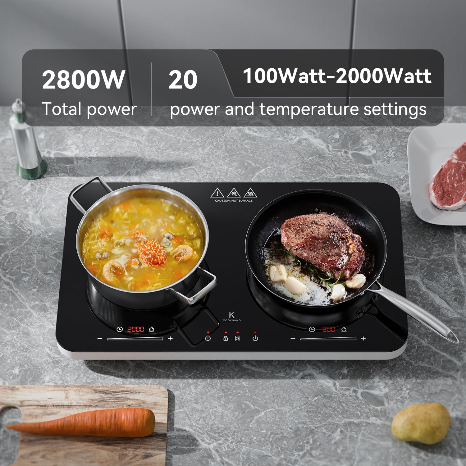 Plaque à Induction, 3600W, Plaque de Cuisson à Induction Double avec Contrôle Indépendant, 20 Niveaux de Température, Minuterie de 6 Heures