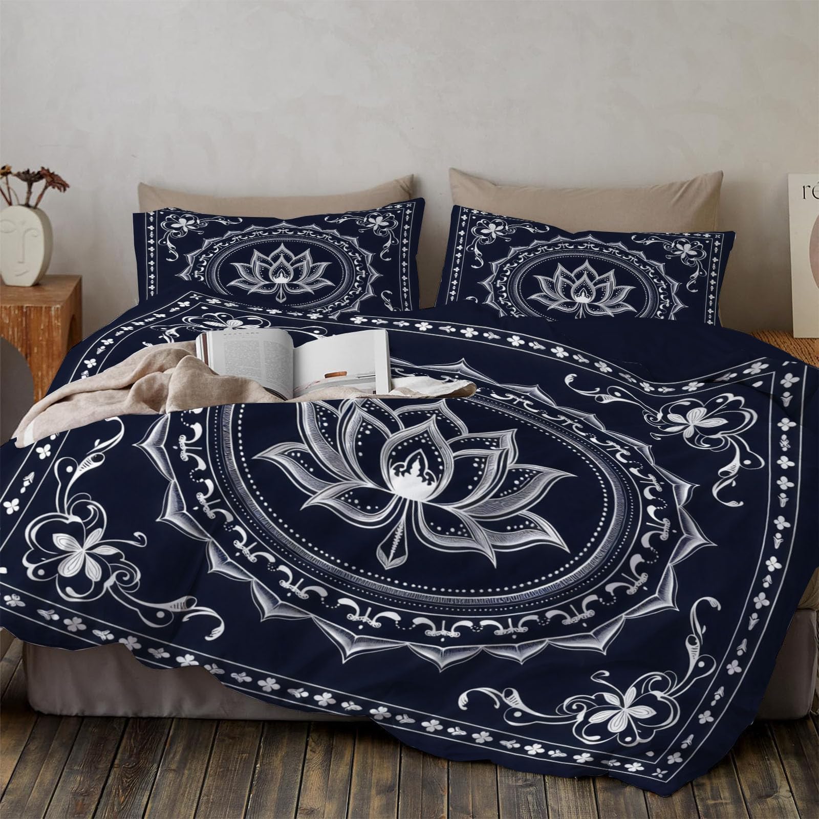 Housse de Couette 240x260 cm Mandala avec 2 Taies d'Oreiller en Microfibre Douce Lotus