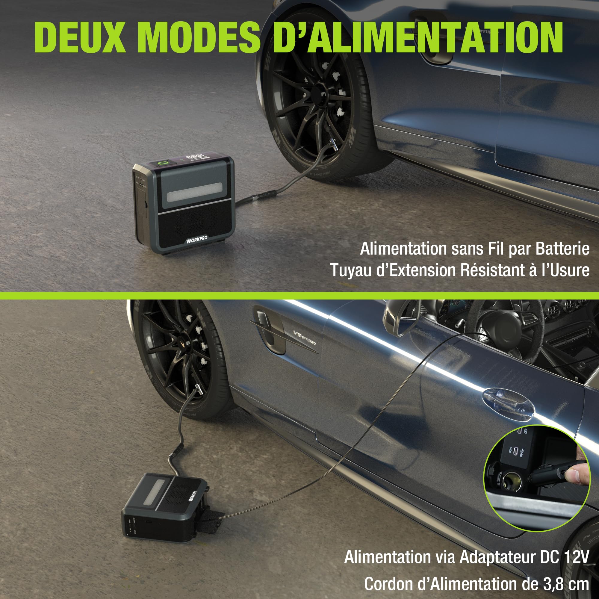 WORKPRO Compresseur à Air Portatif 12 V, Gonfleur Pneu Voiture 150 PSI