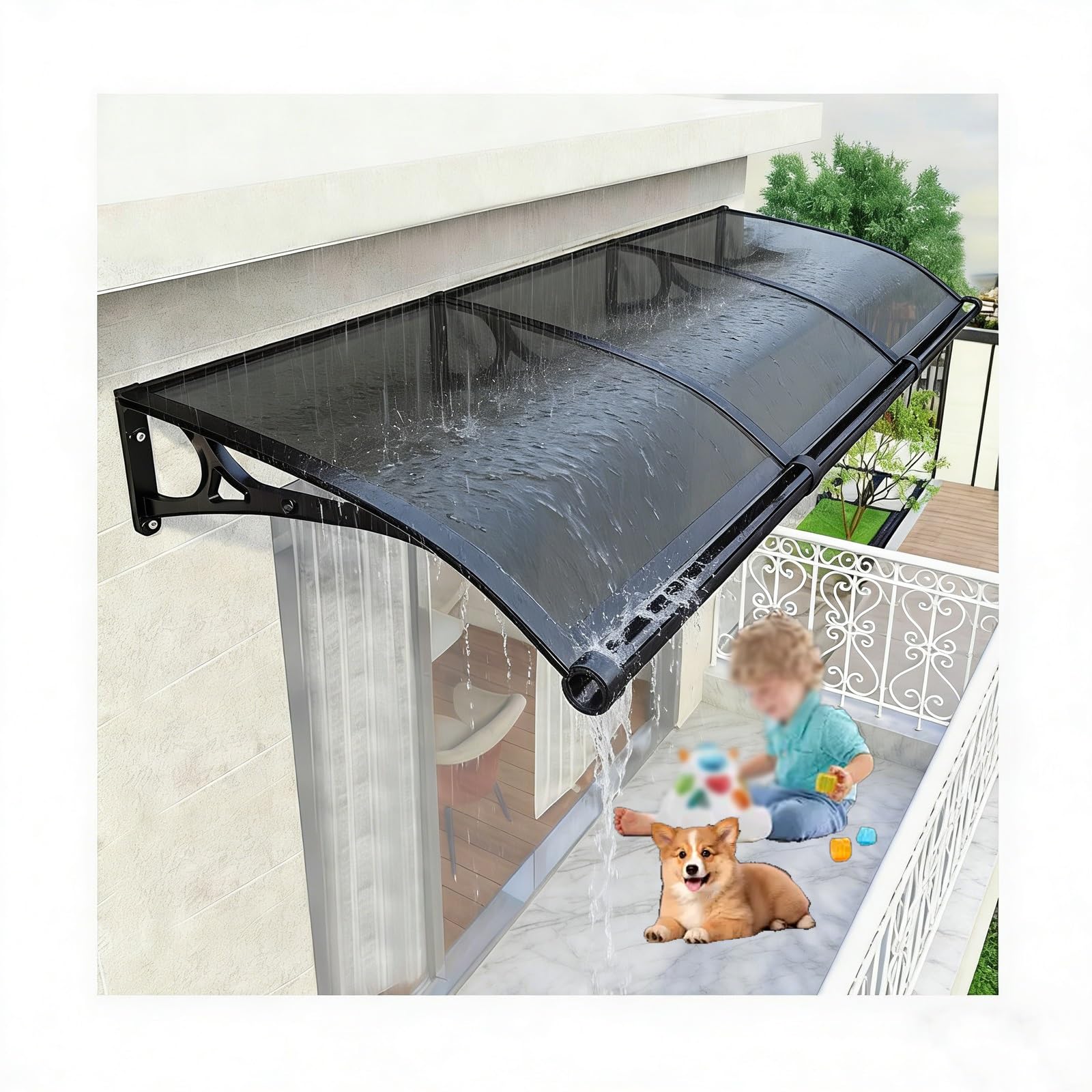 Auvent de porte-fenêtre en polycarbonate transparent et silencieux 100 x 140 cm