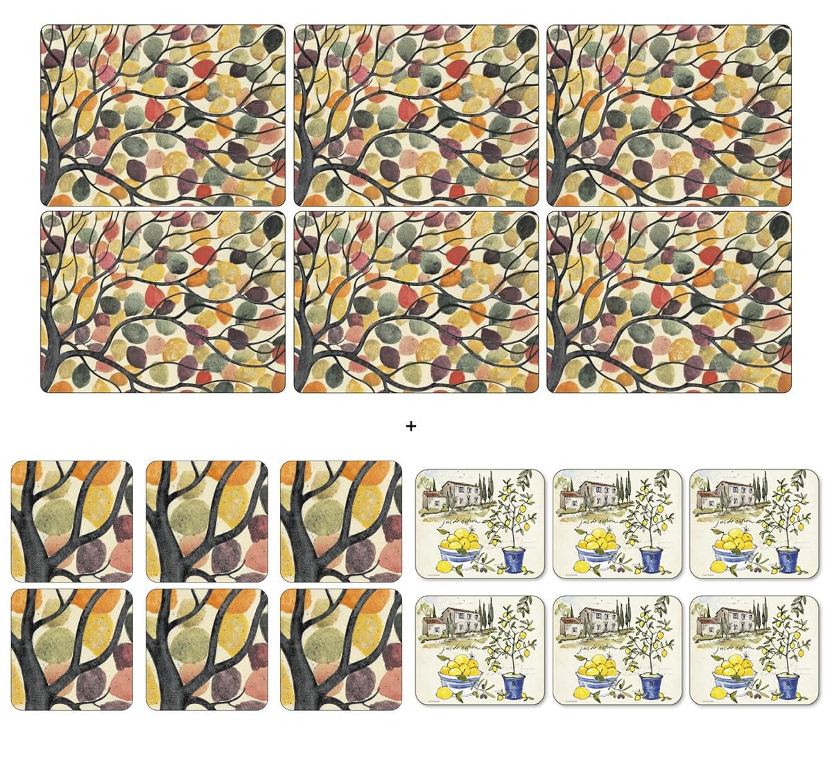 Pimpernel-Portmeirion Multicolour Pimpernel - Dancing Branches, 6 Placemats + 6 Coasters + 6 Free Bonus Coasters