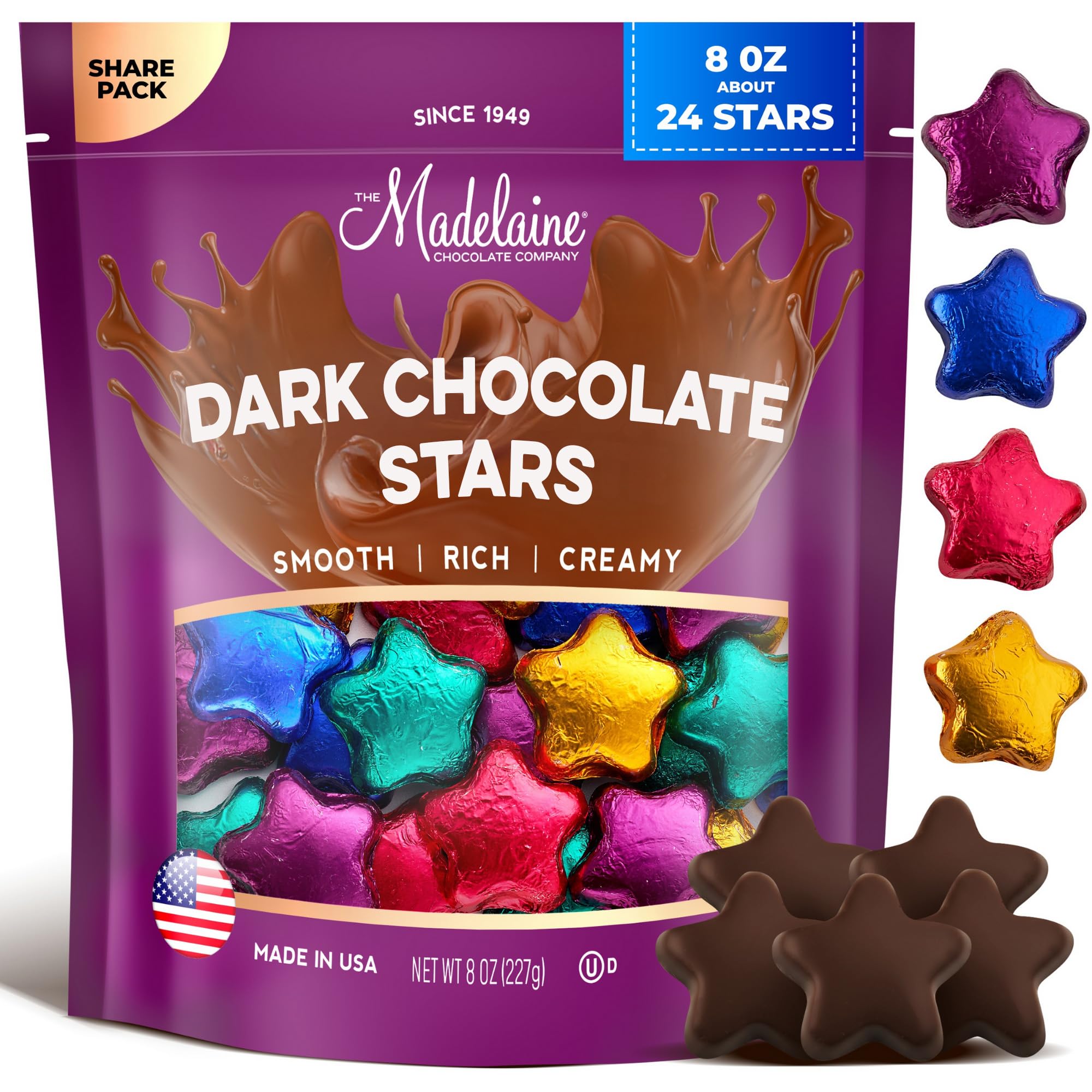 Solid Premium Dark Stars, Wrapped In Italian Foil In Assorted Colors. - 1/2 Pound