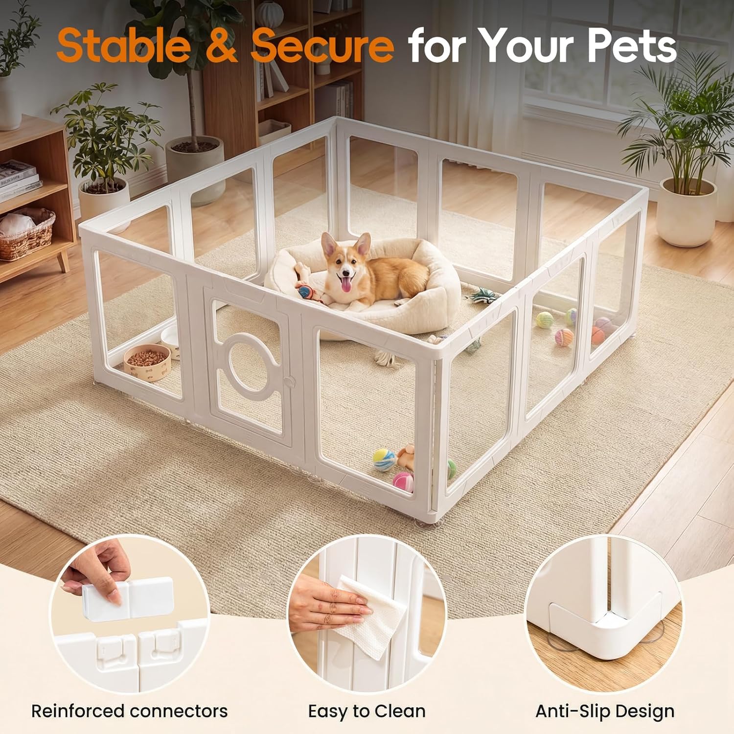 JEKO&JEKO Clear Acrylic Dog Playpen Indoor, Transparent Pet Play Pen for Puppies, Small Dogs, Cats & Rabbits, Easy Assemble Plastic Dog Fence, Easy to Clean (White, 10 Panels)