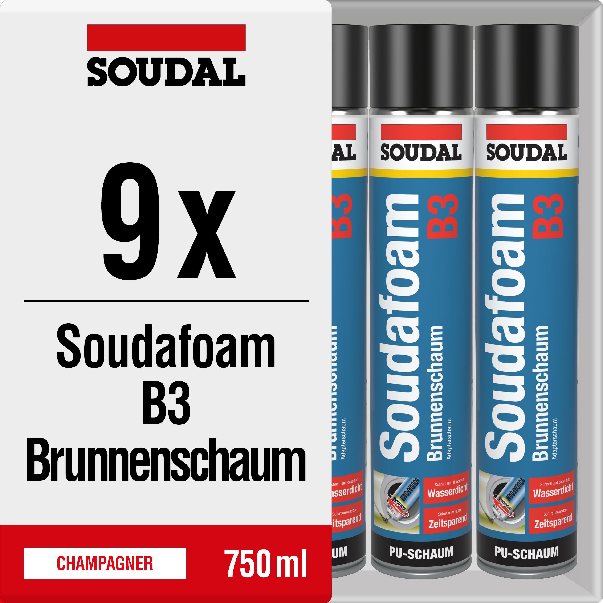 Soudal Soudafoam B3 - Lote de 9 unidades de espuma de poliuretano monocomponente con adaptador, 750 ml (9)