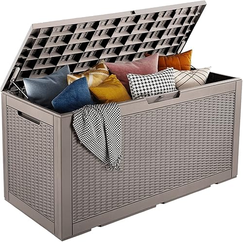 PayLessHere Caja de almacenamiento de 100 galones impermeable para exteriores con agujero de cerradura para jardín piscina patio color marrón