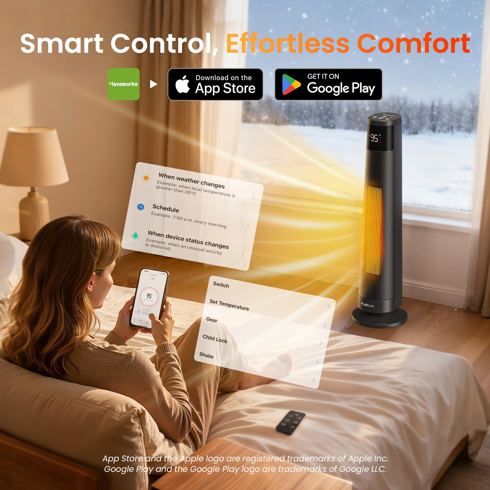 FLANUR Heizlüfter Energiesparend, 1500 W PTC Keramik Heizlüfter Leise, 74cm Elektroheizung mit Thermostat & Fernbedienung, ECO Modus, 70° Oszillation, 12h Timer, Überhitzungs-Kippschut, Black, 1Pack