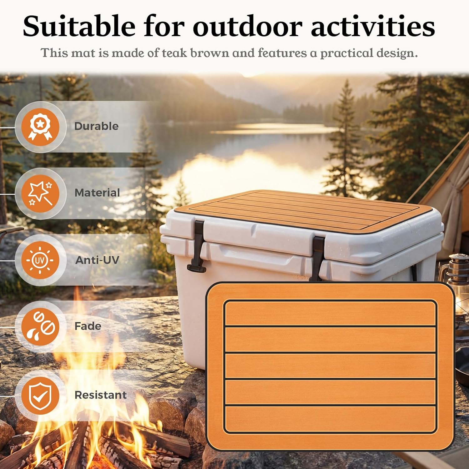 1 Pcs EVA Mat Cooler Pad Fits 32 Qt Hard Cooler, Peel & Stick Application, Non Slip Comfort Accessories, Water Resistant Insulated Seat Cushion for Camping, Fishing & Boating, Teak Brown