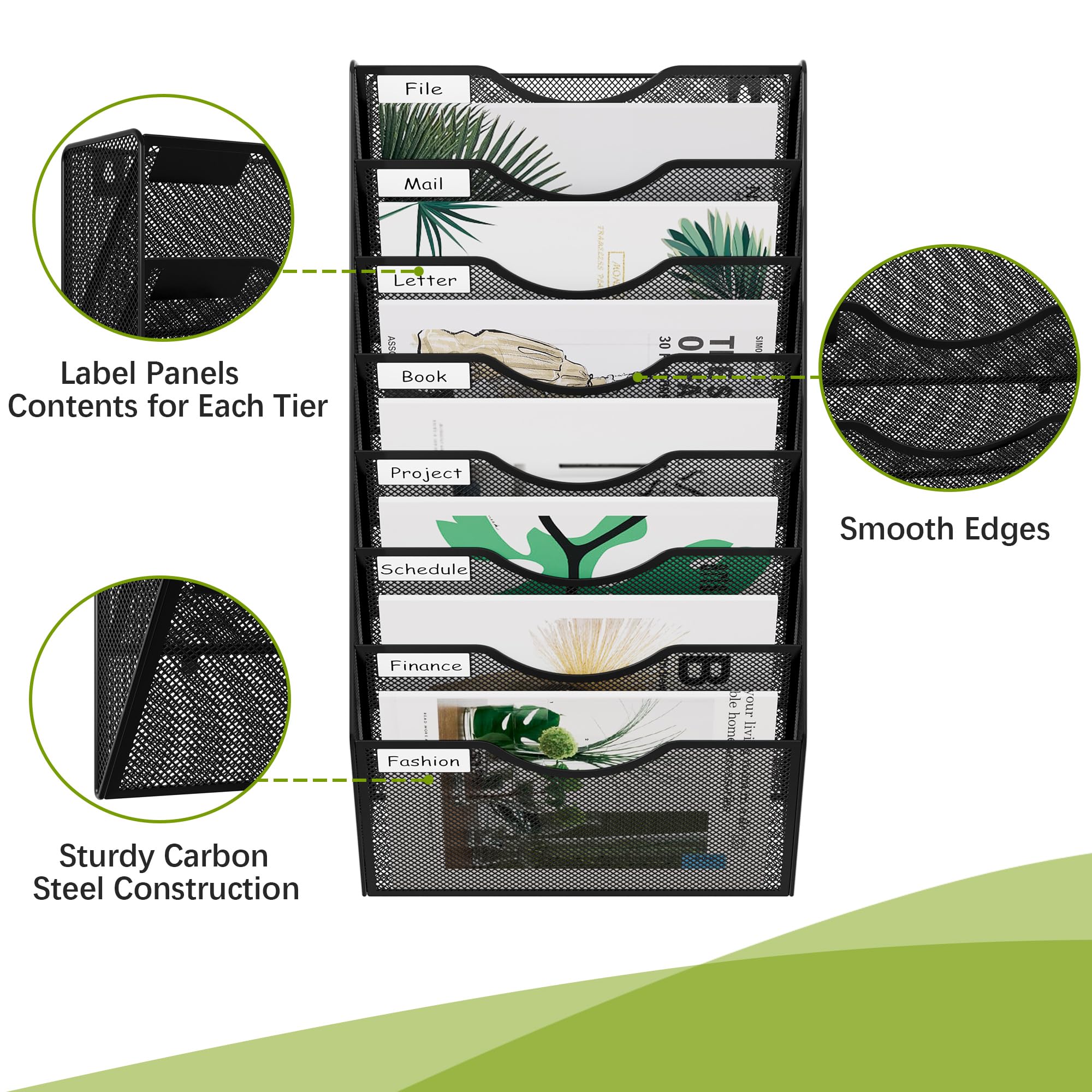 Easypag - Soporte de pared para archivos, organizador de revistas de metal para colgar 8 niveles, color negro
