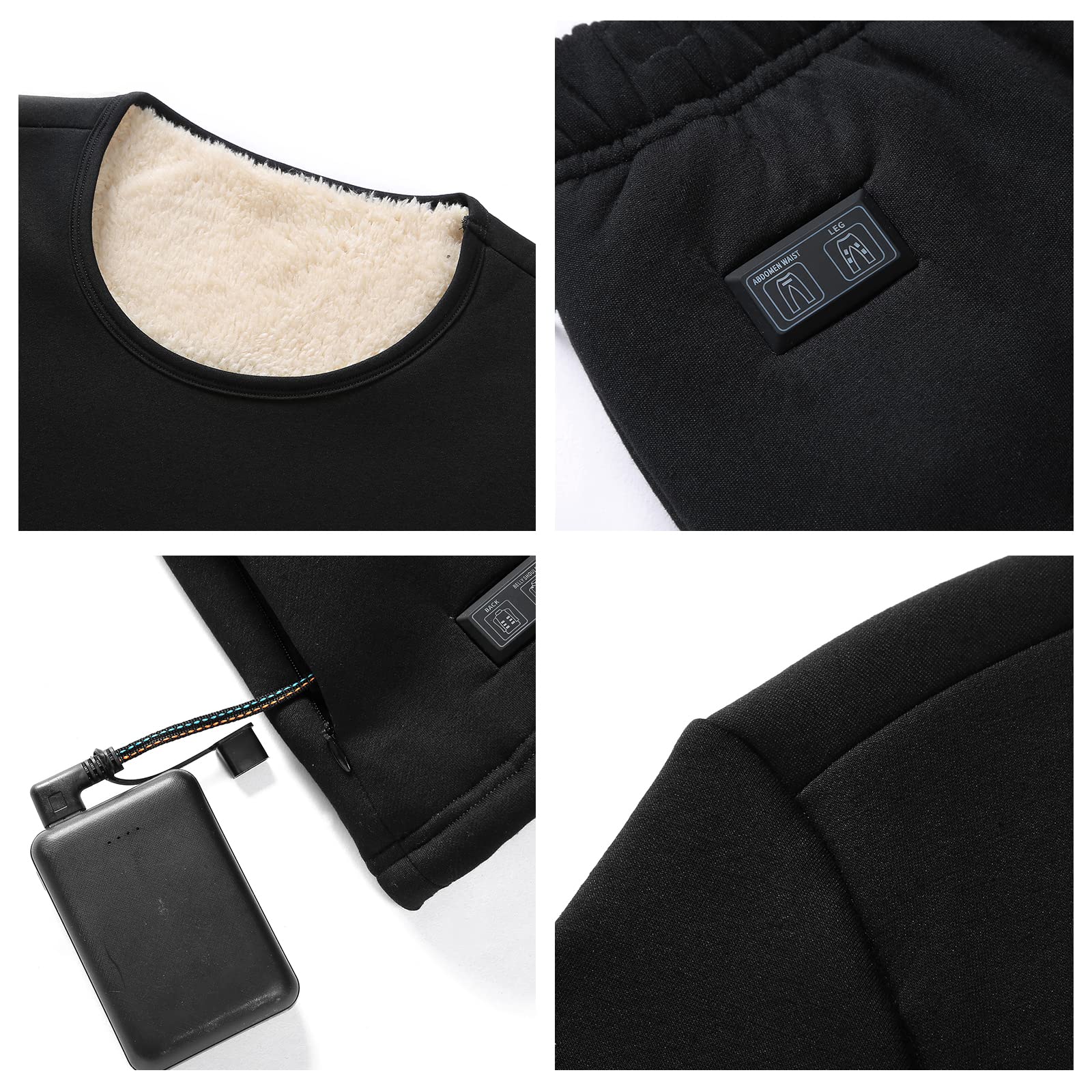 Conjunto de Ropa Interior Térmica Calefactables para Hombre y Mujer, Ropa Térmica Eléctrico (Top + Pantalones) con 3 Configuraciones de Calor,Black,L