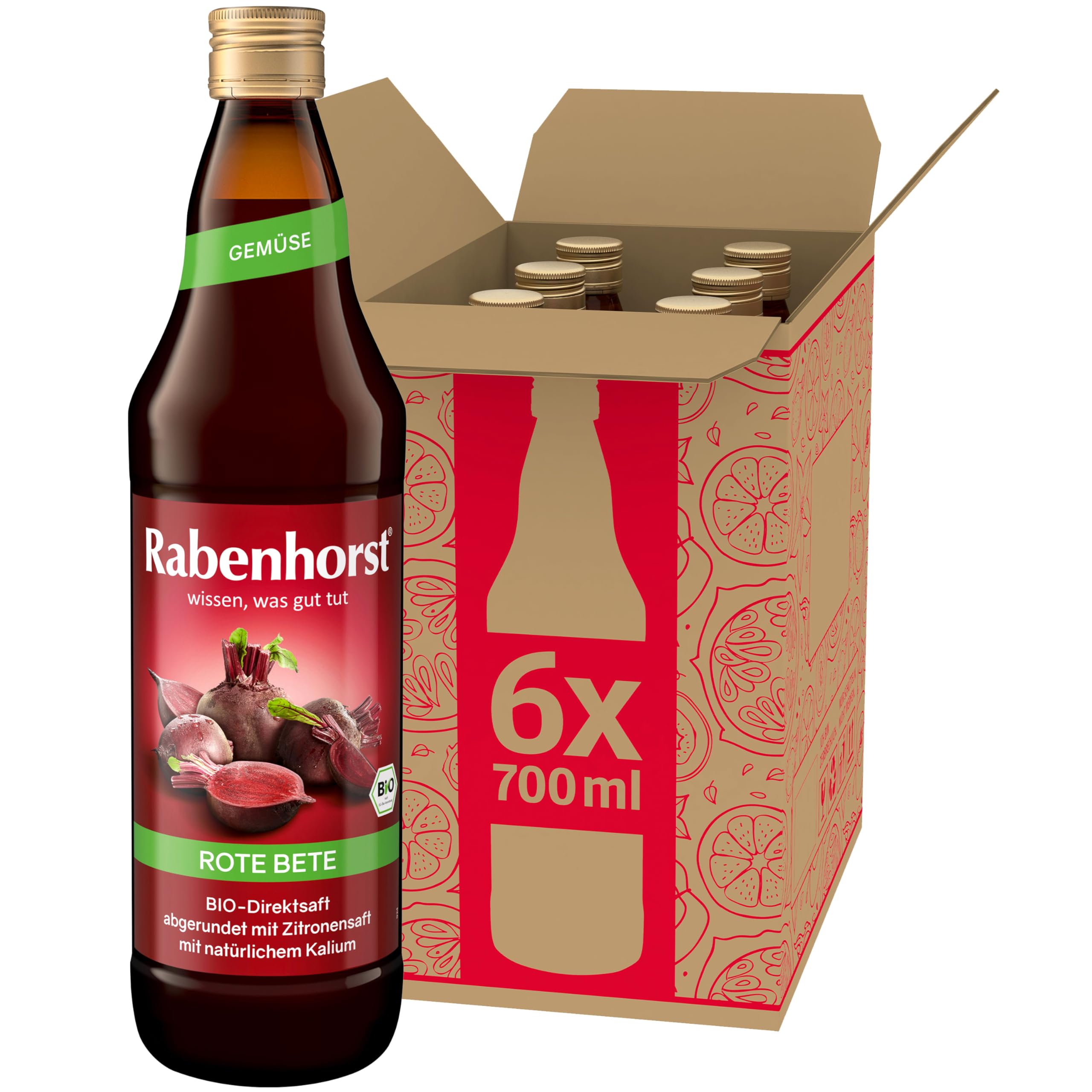 RABENHORST Rote Bete BIO 6er Pack (6 x 700 ml) - Hochwertiger Rote-Bete-Saft aus 100 % Direktsaft mit Zitronensaft abgerundet | Hochwertiger Rote-Bete-Saft aus 100 % Direktsaft mit Zitronensaft abgerundet