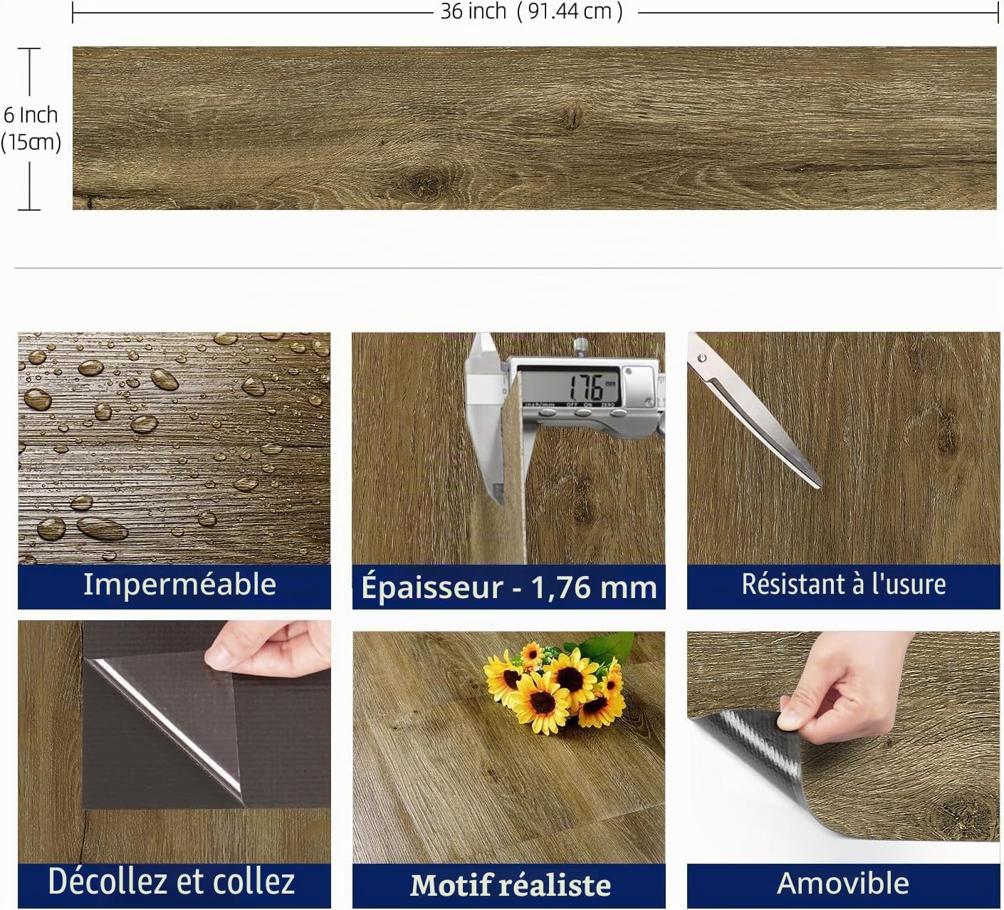 FunStick Sol PVC Adhesif Bois Marron Dalle PVC Adhesive Sol Cuisine Bois Stickers Carrelage Adhesif Sols Salle de Bain Chambre Vintage Revetement de Sols Adhésif Cuisine Rustique 90×15CM 17 Dalles