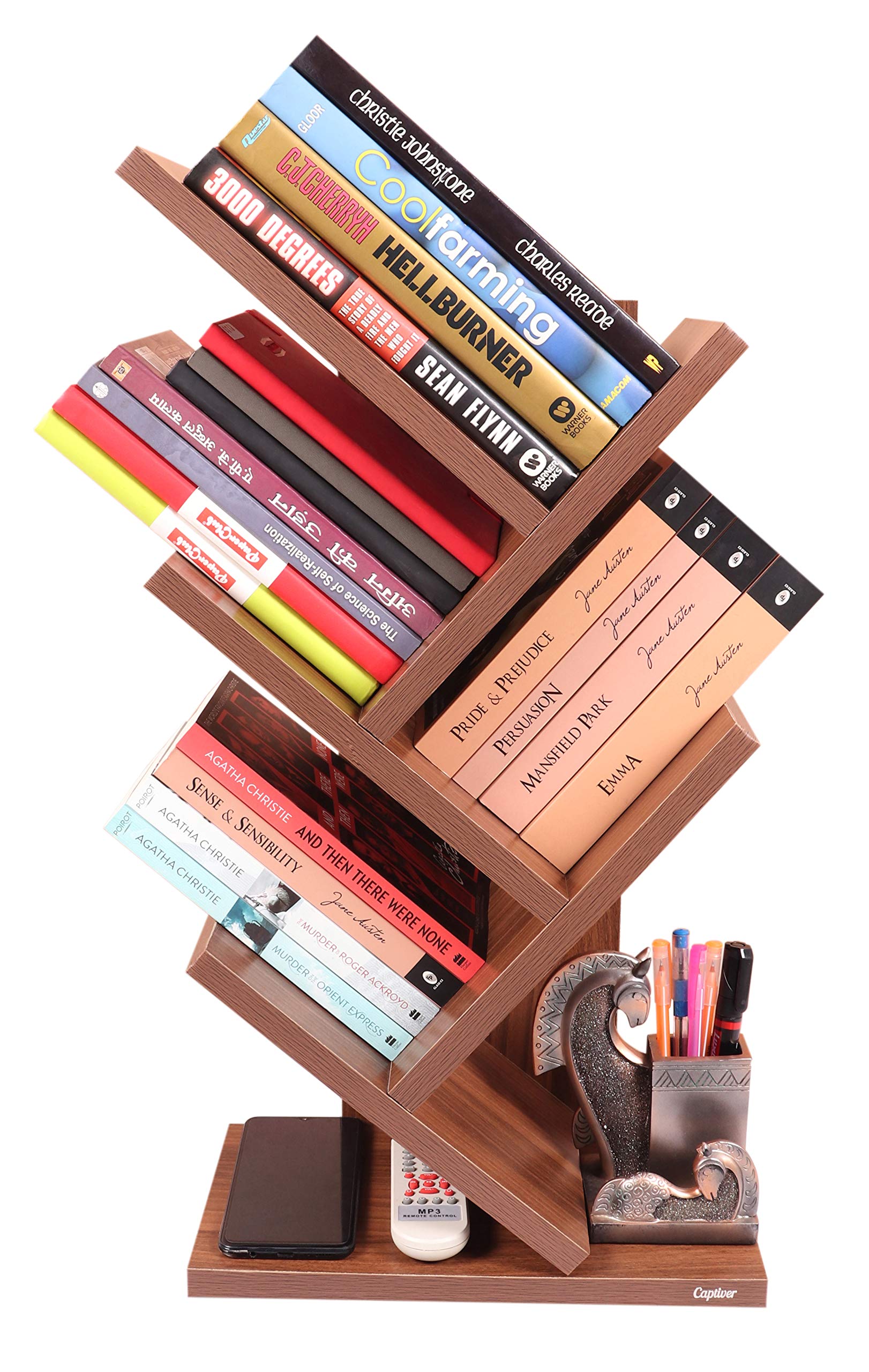 Kriskross Engineered Wood Table Accessories Books Stand Shelf Racks (Teak Finish) Home Office Library Living Room Decorative Storage Organizer-image-0