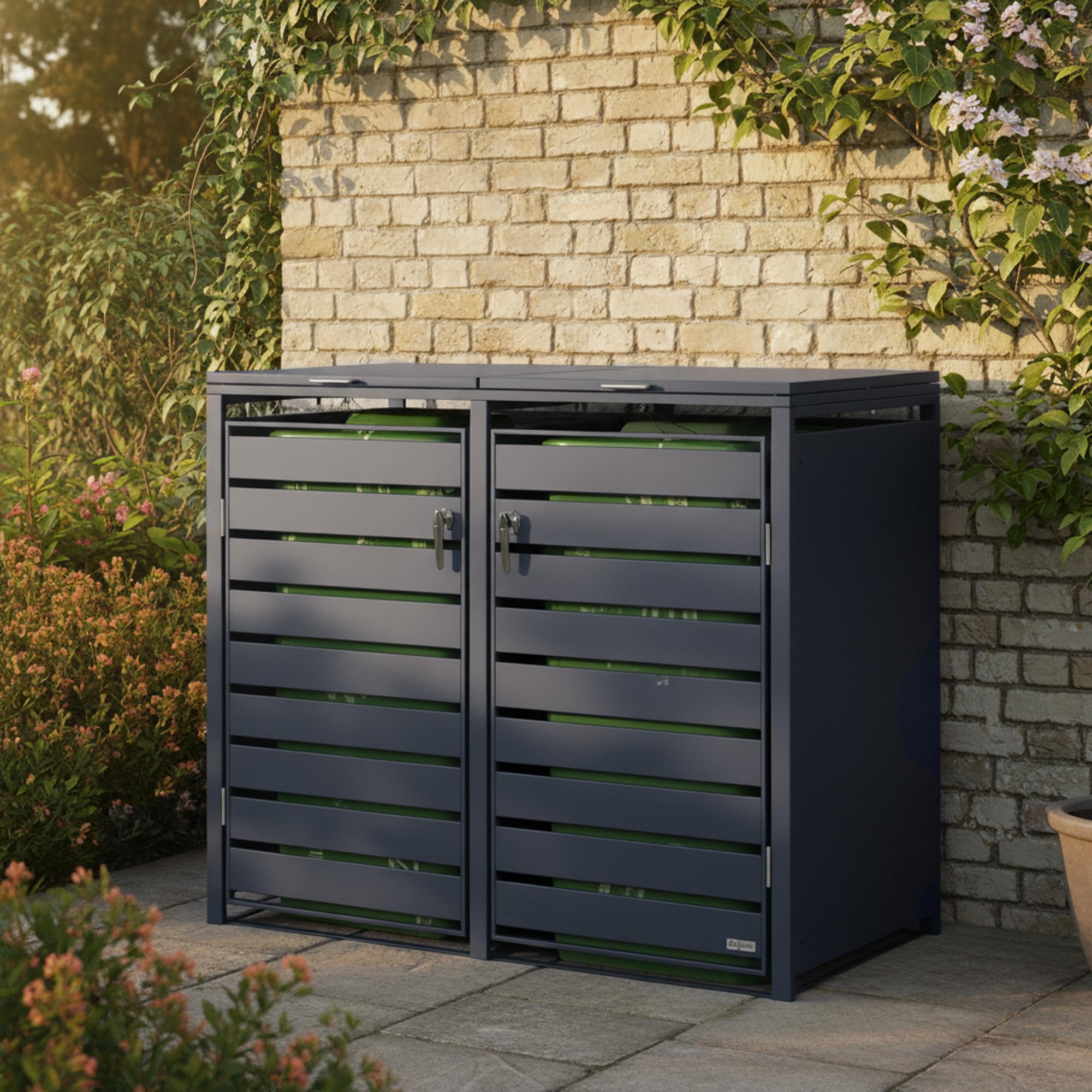 Zelsius Mülltonnenbox 2er Mülltonnen | (B) 132 x (T) 80 x (H) 117 cm | Anthrazit RAL7016 | inkl. Erweiterungsmöglichkeit | Mülltonnenverkleidung, Garten Müllbox, Aufbewahrungsbox für Mülltonnen