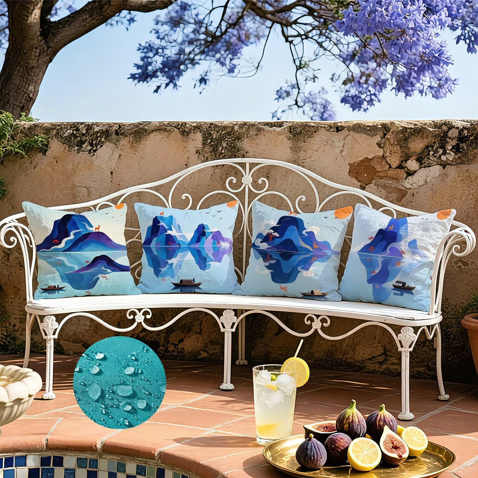 Blu Federe Cuscini Divano 50x50cm, Cuscini da Esterno Set de 4, Cod-93 | Velour Copricuscini Decorativi Letto Arredo, per Letto, Soggiorno, Giardino, Esterno, Casa Decorazione Set di 4 Paesaggio