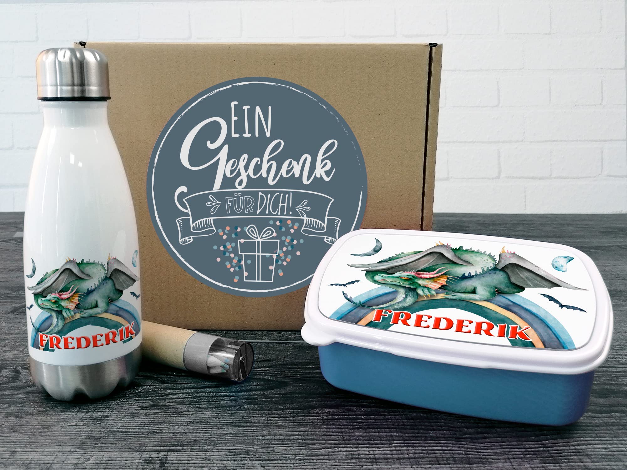 GRAZDesign Drachen Brotdose und Trinkflasche Set für Jungen personalisiert mit Namen aus Edelstahl 350ml | Geschenk zur Einschulung