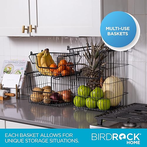 Miniatura 2 de BIRDROCK HOME Contenedores apilables de almacenamiento de alambre de 3 piezas, organizador de frutas y verduras, casa de campo moderna, armario de