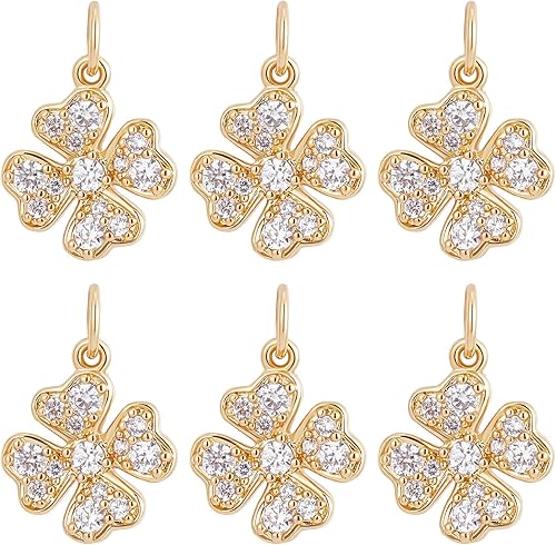 Beebeecraft 6 unidades/caja de trébol de cuatro hojas, chapado en oro de 18 quilates, latón de buena suerte, colgante de circonita cúbica, trébol