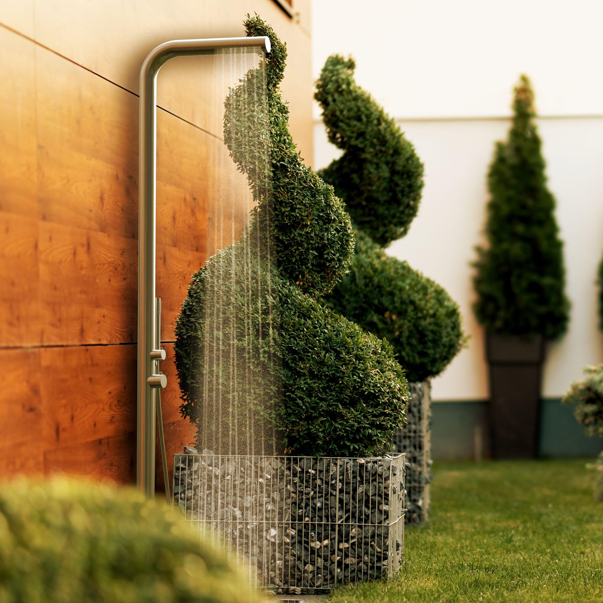 Four & More Designer Gartendusche Außendusche Pooldusche Regendusche Duschsäule Dusche aus gebürstetem V4A / 316 Edelstahl Modell NALU mit Warm- & Kaltwasseranschluß für den Garten