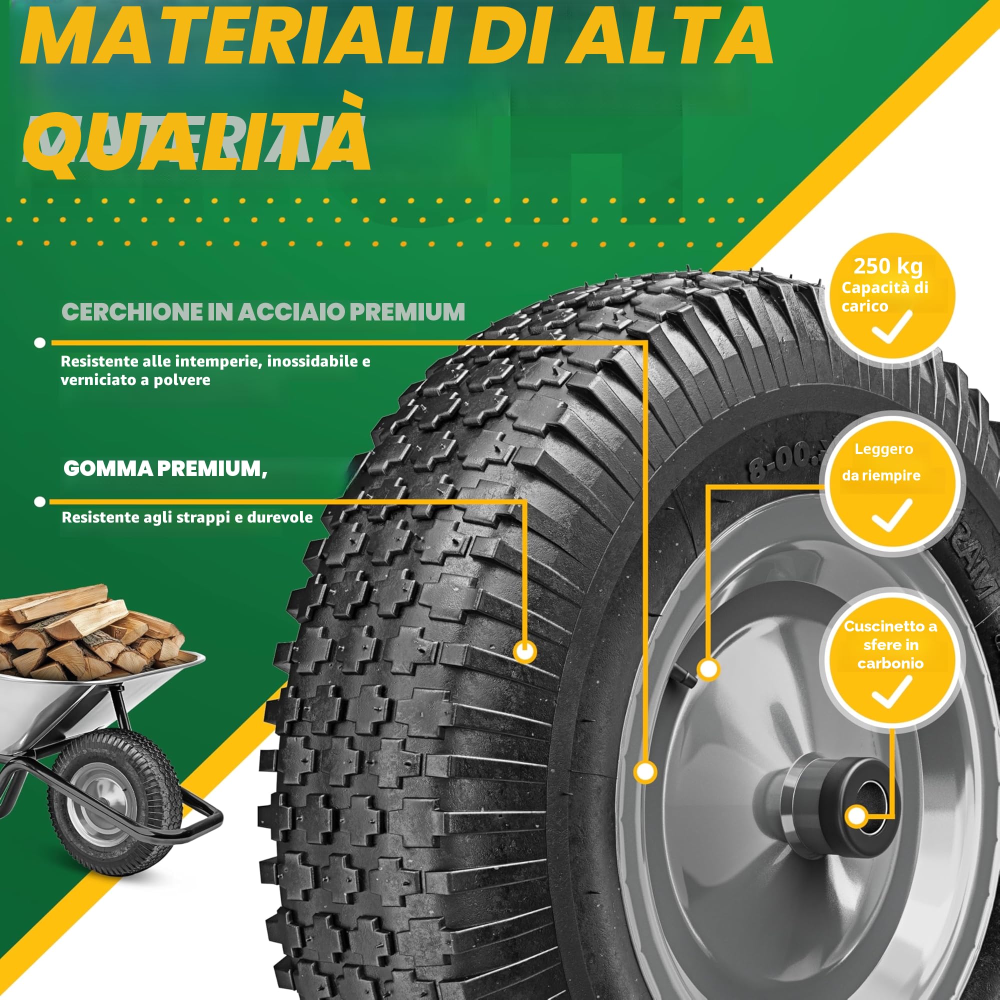 MASKO Ruota per carriola, pneumatici di ricambio, 250 kg, per carriola da giardino, 40 cm, extra larga, 9,5 cm, con cerchione in acciaio al carbonio e guanti