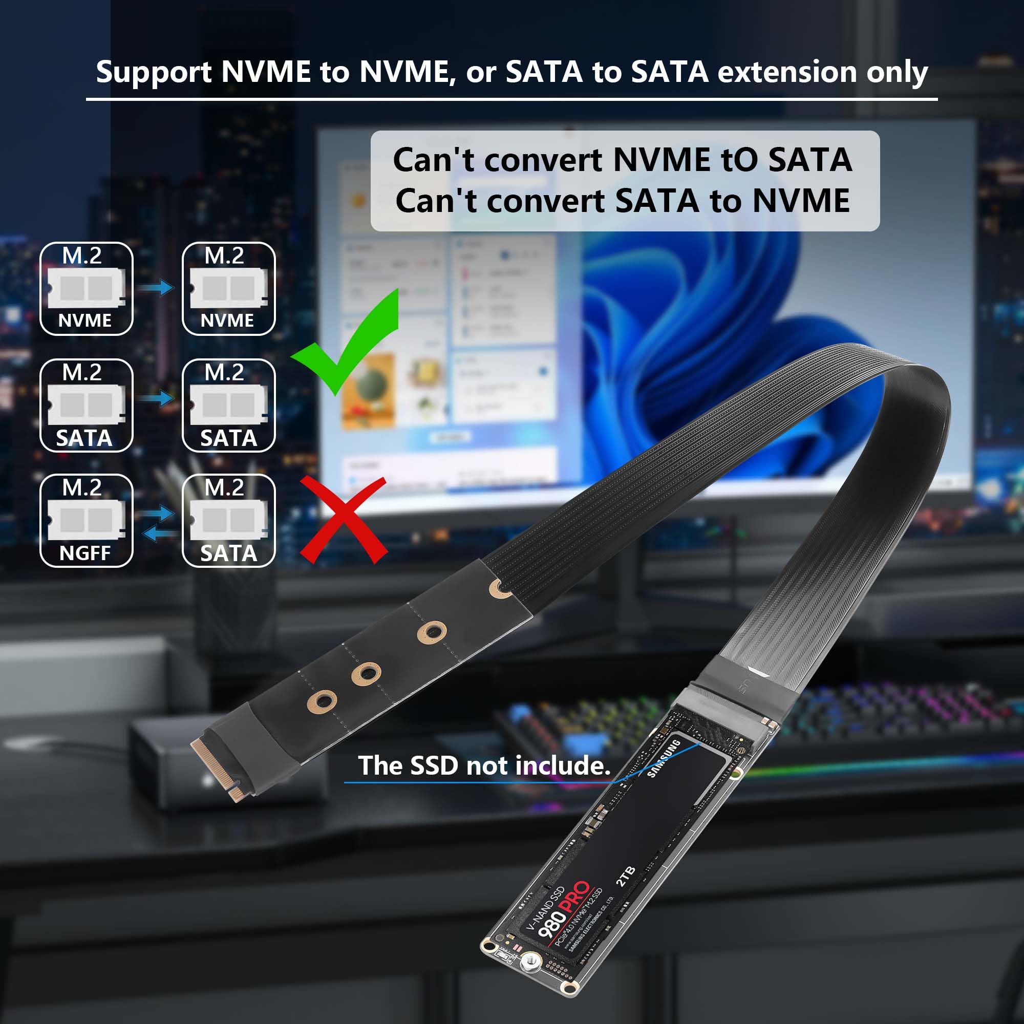 GINTOOYUN ngff m.2 m - Chiave nvme estensione 40 cm pcie 3.0/4.0 m.2 nvme/ngff SSD nastro flessibile cavo per scheda madre SSD 2230/2242/2260/2280 (180 gradi)