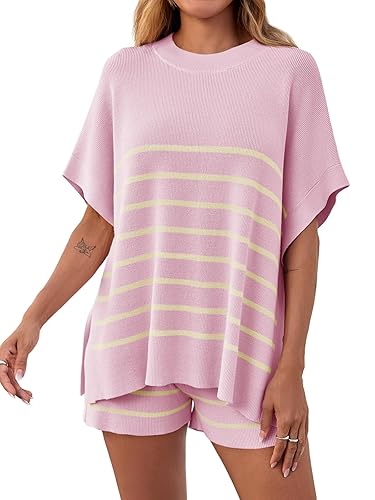 Fisoew Women's Striped 2 Piece Outfits Oversized Batwing Short Sleeve