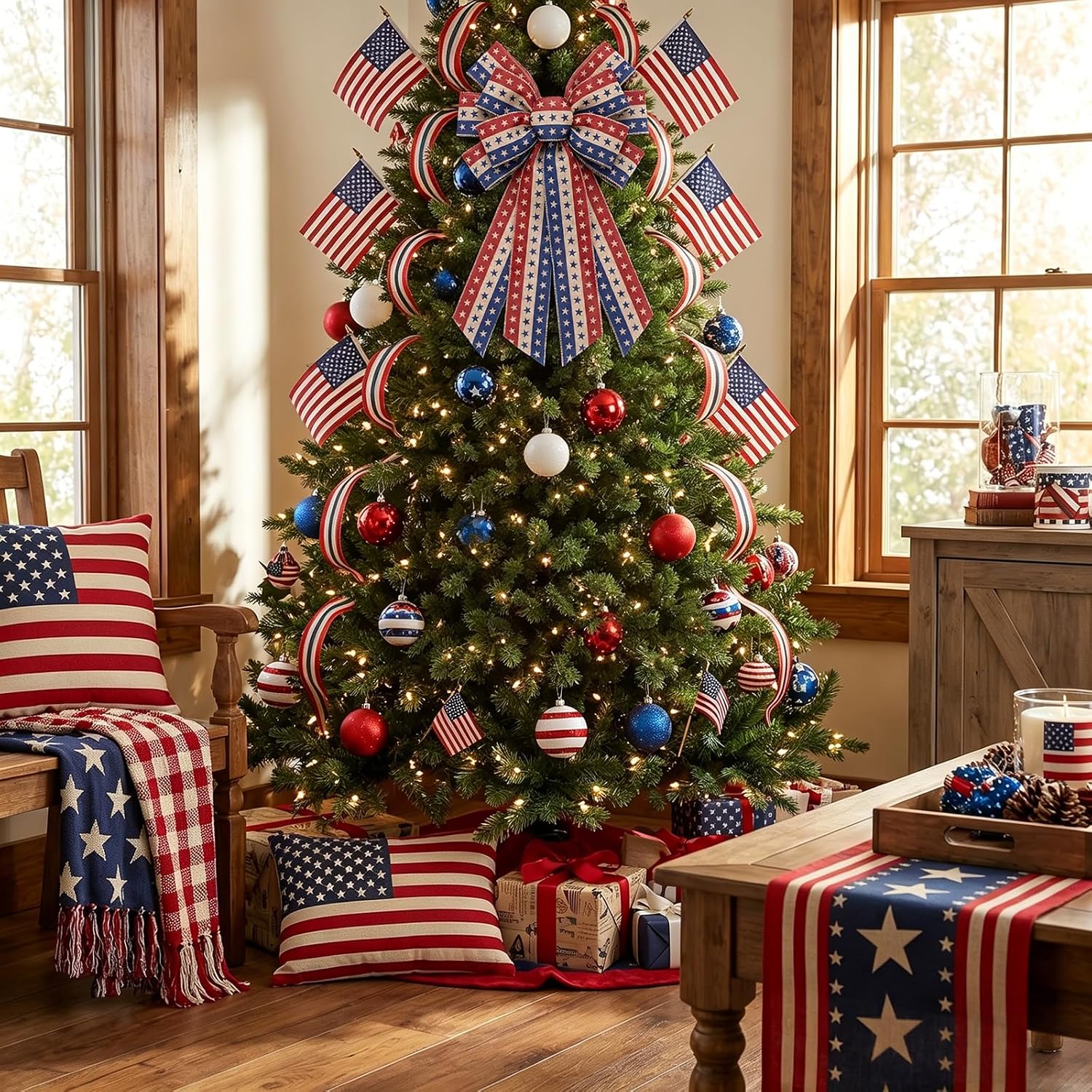 Large 4th of July Patriotic Wreath Bow USA 250th Anniversary Ribbon Bows for Wreaths, Stars and Stripes Tree Topper Bow Red White and Blue Decor Bows for Home Indoor Outdoor Wreath Ornament (Style A)