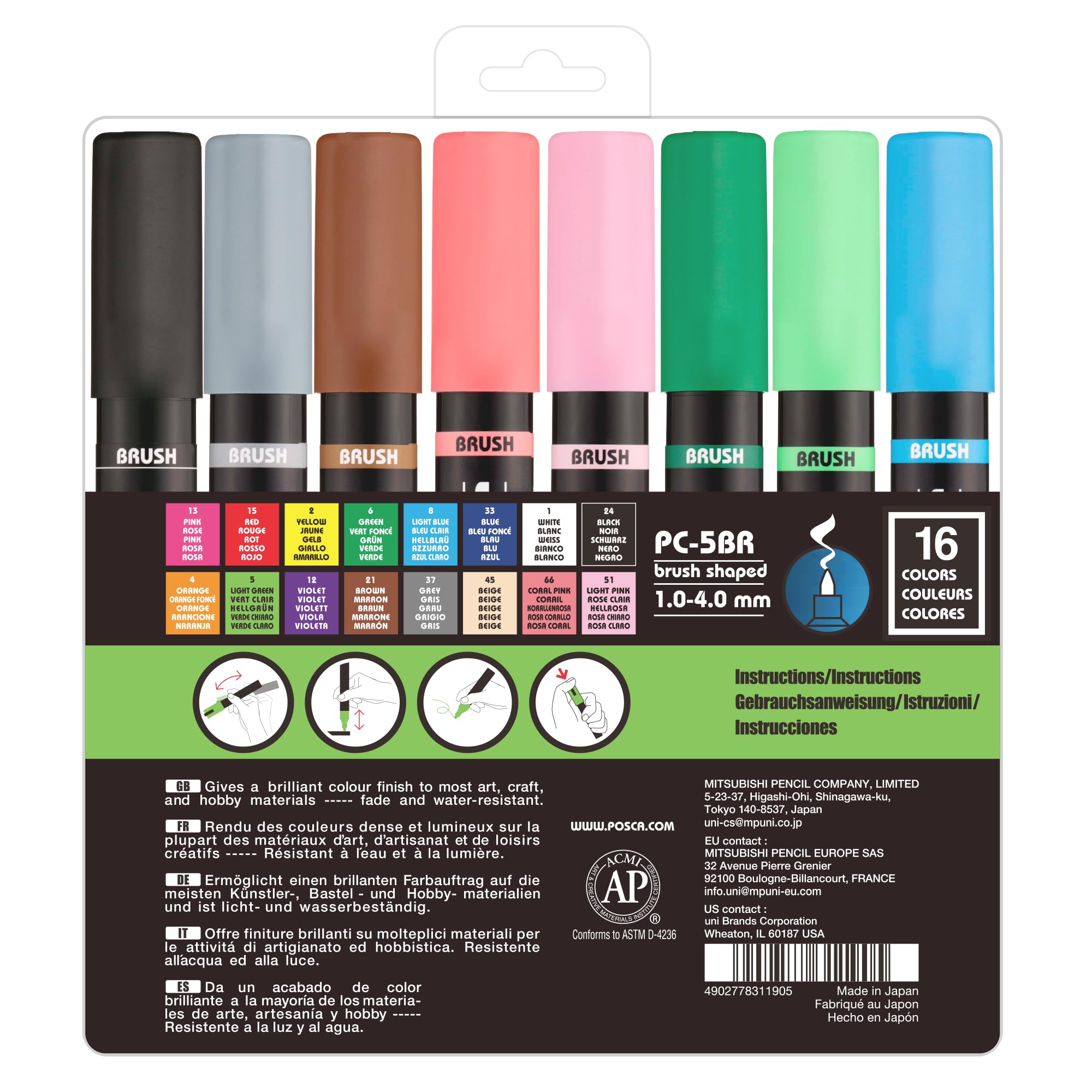 POSCA PC-5BR Marqueurs à peinture à base d'eau, pointe brosse réversible (1,0-4,0 mm), couleurs assorties, pack de 16