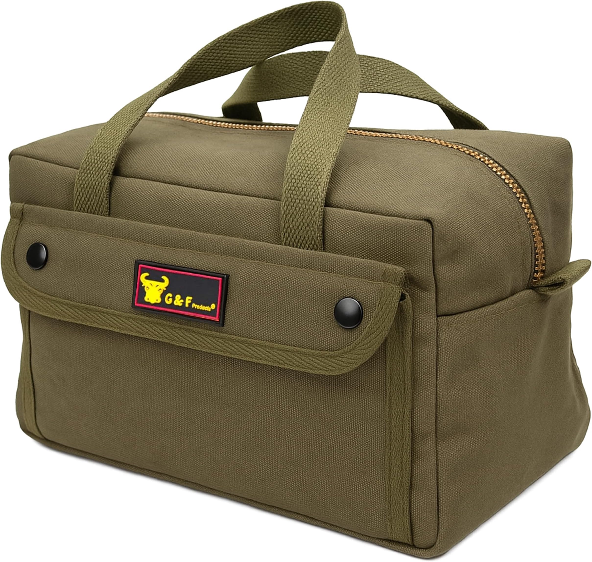 Government Issued Style Mechanics Heavy Duty Tool Bag with Brass zipper and side pockets, tool bag for cars, drill, garden, and electrician. Olive Green, 11" x 7" x 6"
